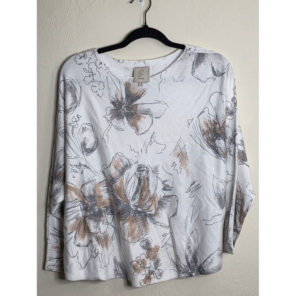 Sioni White Top with Brown & Gray Floral Sketch - Picture 2 of 3